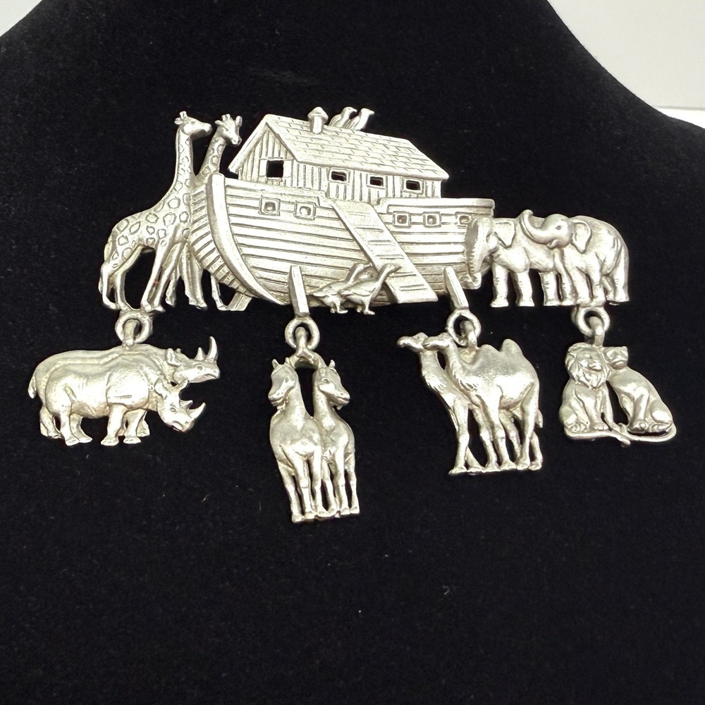 Vintage JJ Noah's Ark Animal Statement Brooch Pin Religious Silver Tone 2 3/4 in